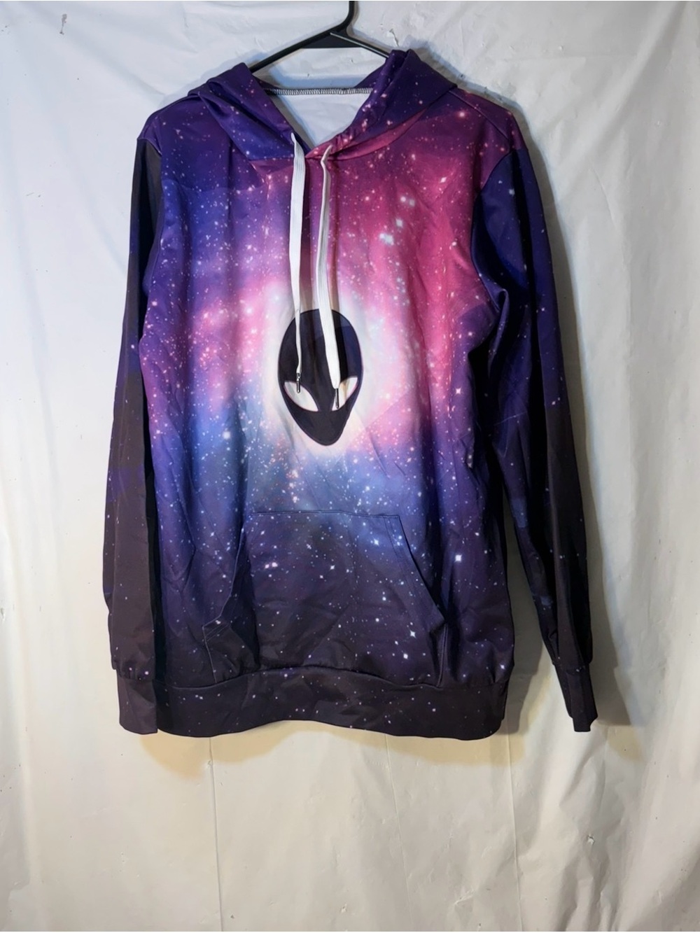 pink and purple galaxy and alien print men’s hoodie size small/medium